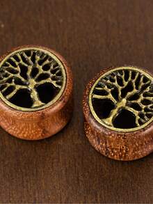 1对时尚复古波西米亚风耳扩，天然木质镂空镶嵌生命之树耳塞，男女通用穿刺饰品，适合日常、派对、节日佩戴 - 生命樹 - 查看 4
