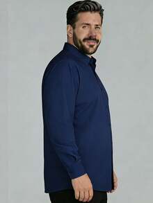 Plus Size Men's Long Sleeve Shirt, Navy Blue Shirt, Fashion Solid Color Shirt Jacket For Casual Wear - Navy Blue - View 4