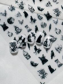 1张暗黑魔法主题美甲贴纸，包含黑猫、骷髅头、药水瓶、蝙蝠、乌鸦、羽毛、玫瑰、月亮元素，营造神秘巫术氛围，适合哥特、巫术和神秘主义风格的美甲装饰，打造独特的暗黑风格美甲。 - 黑與白 - 查看 3