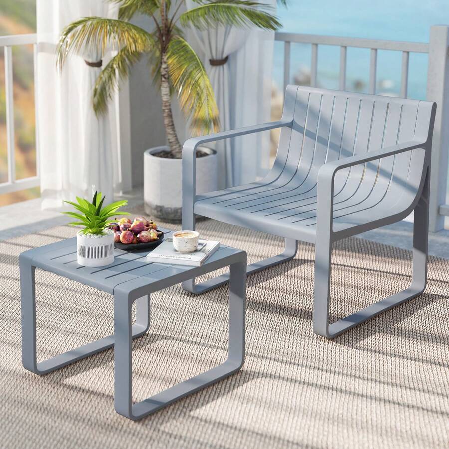 COSTWAY 2 Piece Patio Furniture Set, Weatherproof PP Chair W/ Square Coffee Table, Ergonomic Slatted Bistro Table & Chair Set For Front Porch, Backyard, Grey - Grey - View 1