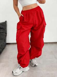 1pc Teen Girl Loose Flap Pocket Side Drawstring Outdoor Solid Color Cargo Pants, Spring/Summer/Autumn/Winter - Red - View 3