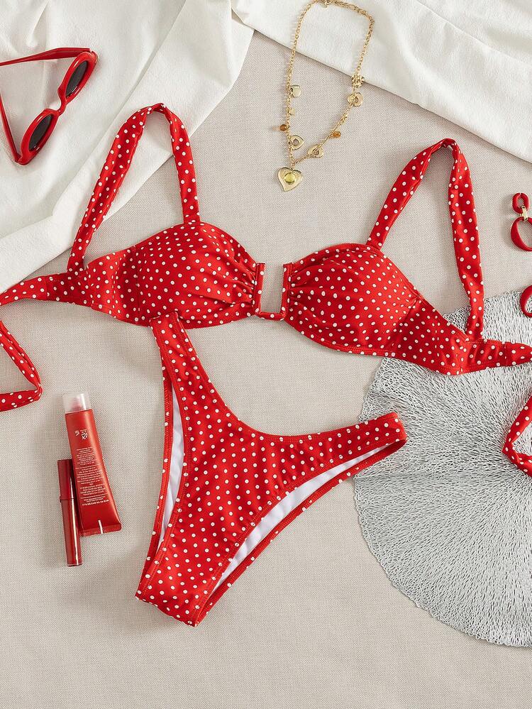 Nuevo conjunto de bikini sexy de 2 piezas con estampado de lunares y escote bajo para mujer, traje de baño/playa - Rojo violeta - Añade 8