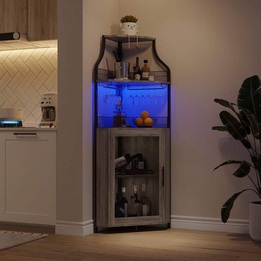 clóset de Esquina para licores con estantes Ajustables, clóset de Barra Industrial de 61 Pulgadas, no Empotrado con Puerta de Malla y Soporte de Vidrio para Cocina, Color café rústico - Gris - con luces - Ver 1