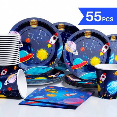10pcs Colorful Space Rocket Disposable Plate, Napkin, Cup Set, Plates, Napkins And Cups Party Supplies, Suitable For 10 Guests, Disposable Paper Plates Party Tableware For Birthday, Wedding, Party, Family Picnic