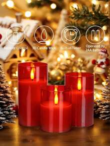 This 3-Piece Acrylic Flameless Candle Set Features Upgraded Realistic Flickering Flames, A Remote Control, And A Timer. It's A Battery-Powered LED Columnar Candle Set Suitable For Weddings, Birthdays, Valentine's Day, Restaurants, Parties, And Home Décor. - Red - View 9