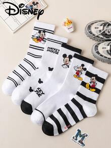 1/5 Pairs Authentic Disney Men's Socks With Cute Mickey Family Embroidery, Spring/Summer Style, Black And White Character Cartoon Embroidered Mid-Calf Socks, Novelty Fun Socks For Men And Women, Suitable For Any Occasion, High-Quality Gift Socks - Multicolor - View 8