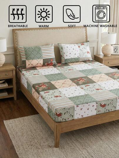 3pcs Green Floral Prints Fitted Sheet Set (1pc Fitted Sheet + 2pcs Pillowcases, No Filler),Cottagecore Farmhouse Style,Soft Skin-Friendly Polyester Fiber,Room Decor,Suitable For Various Bed Sizes