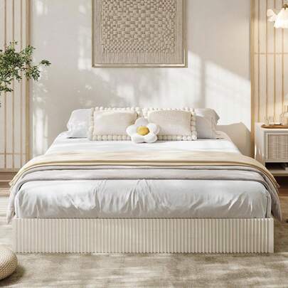 Marco de cama de plataforma, Marco de cama ranurada de madera, Base de cama minimalista completa / doble / queen / king size con diseño de perfil bajo, sin ruido, fácil montaje, no se necesita muelle de caja