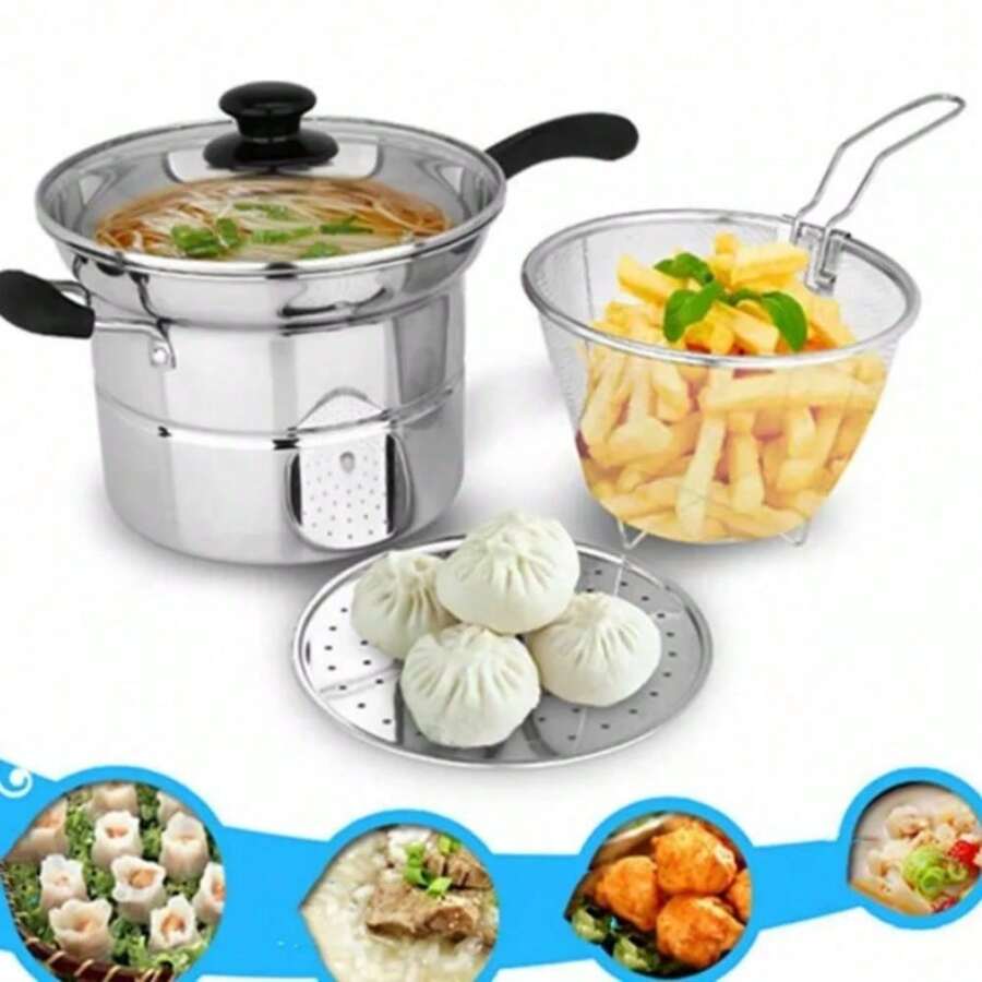 4pc Non Stick Chip Pan Deep Fat Fryer Cooking Noodle Soup Pot Frying Basket&Lid - Silver - View 1