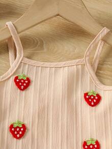 Toddler Girls 2pcs Set Sleeveless Strawberry Graphic Crop Top And Loose Fit Wide Leg Pants, Summer Casual Outfit - Apricot - View 6