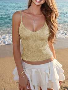For Love & Bella Women's Casual Cute Y2K Sexy Shiny Sequin Knit Camisole Spaghetti Strap Top, Women's Summer Outgoing Holiday Party Nightclub Date Music Festival Country Music Concert, Gold/Yellow - Gold - View 4