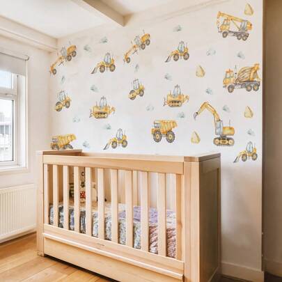水彩工程车辆卡车动物墙贴，包括挖掘机、装载机、推土机、狮子和大象，适用于游戏室、客厅、卧室等家居墙面装饰。