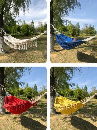 1pc Fringe Bohemian Outdoor Picnic Camping Thick Canvas Double Hammock Chair, Durable Fabric, Comfortable & Breathable, Mildew Resistant, Comes With Storage Bag, Compact & Portable (Nylon Rope Color Random)