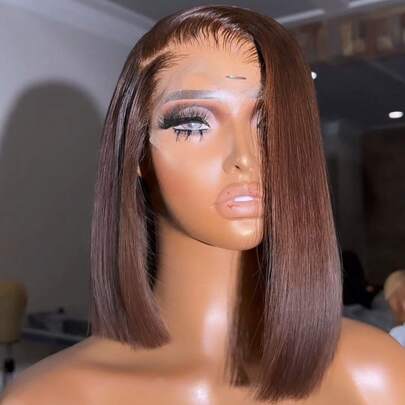 ZHUICHAO Chocolate Brown Silky Straight Brazilian Human Hair Blend Lace Front Wig, 13x4 Large Transparent Hairline, 18-26 Inches Pre-Plucked Pre-Bleached Full Lace Front Wig With Baby Hair, #4 Chocolate Brown Straight - Lightweight Adjustable Breathable Comfortable Wear All Day