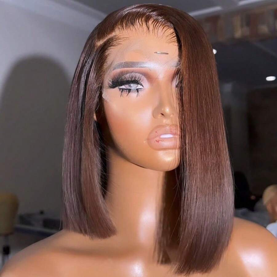 ZHUICHAO Chocolate Brown Silky Straight Brazilian Human Hair Blend Lace Front Wig, 13x4 Large Transparent Hairline, 18-26 Inches Pre-Plucked Pre-Bleached Full Lace Front Wig With Baby Hair, #4 Chocolate Brown Straight - Lightweight Adjustable Breathable Comfortable Wear All Day - S4 - View 1