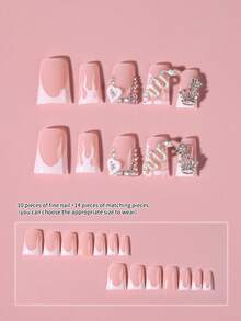 24片Y2K风格长款鸭嘴美甲贴纸，饰有3D蛇形、星星和白色爱心图案，镶嵌水钻，长度适中，完美贴合自然指甲，提升时尚感。 - 彩色 - 查看 3