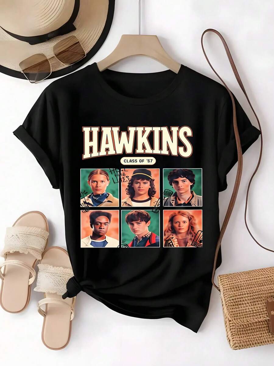 Playera Hawkins,,clase 87,estampada personajes,retro,uso casual,diario,coleccionable,fans de series,jóvenes,adolescentes, hit,moda urbana,2026,blusas elegantes dama,tops,parejas,blusas curvy mujer. - Negro - Ver 1