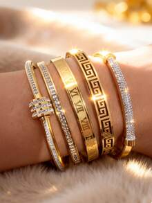5pcs Set 18K Gold Plated Stainless Steel Bangle Bracelet Set For Women, Engraved With Roman Numerals & Greek Letters, Cubic Zirconia Inlaid, Waterproof Stainless Steel Jewelry, Suitable As Birthday, Anniversary And Holiday Gift - Gold - View 3