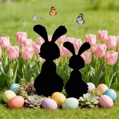 2pcs Black Funny Rabbit, Metal Rabbit Garden Stakes - Rustic Easter Style Outdoor Decor, Cute Rabbit Sculptures Plant , Yard Decor, Rabbit Shaped Planter Trellis, Perfect Gift For Easter Gardening Enthusiasts