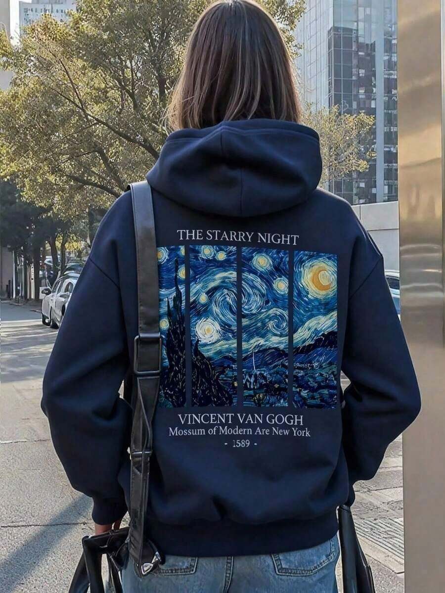 Loose-Fitting Sweatshirt With Van Gogh's Starry Night Print For Women, LOVE JOYY, Casual Autumn/Winter, Navy Blue Long-Sleeved Top - 藍色 - 查看 1
