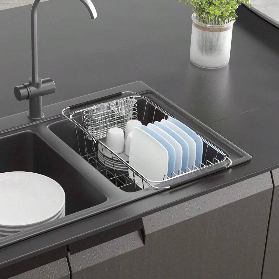 Escurridor de platos pequeño en fregadero ajustable organizador expandible acero inoxidable 304 con soporte utensilios sobre encimera - Escurridor de platos pequeo en fregadero de acero 304 - Ver 1