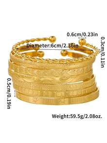 7pcs/Set Metal Bangle Bracelet Set For Women, Personalized Bohemian Wave Texture Smooth Twisted Stacking Bracelets, Suitable For Party, Holiday, Gift, Daily Wear - Gold - View 3