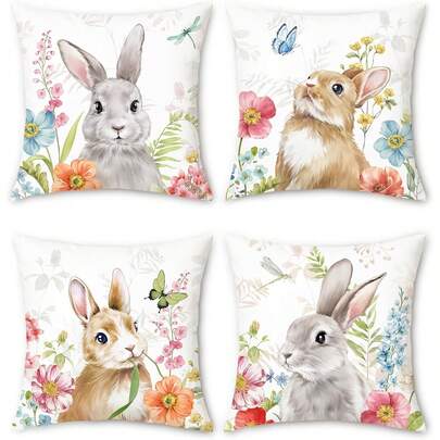 4PCS Rabbit Pillowcase Rabbit Floral Spring And Summer Decorative Pillowcase Suitable For Sofa And Garden Spring Decor, Single-Sided, Pillow Not Included