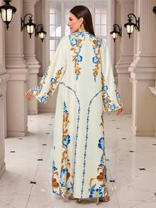 优雅穆斯林印花长裙，金色滚边，长袖立领长袍 - 米白色 - 查看 6