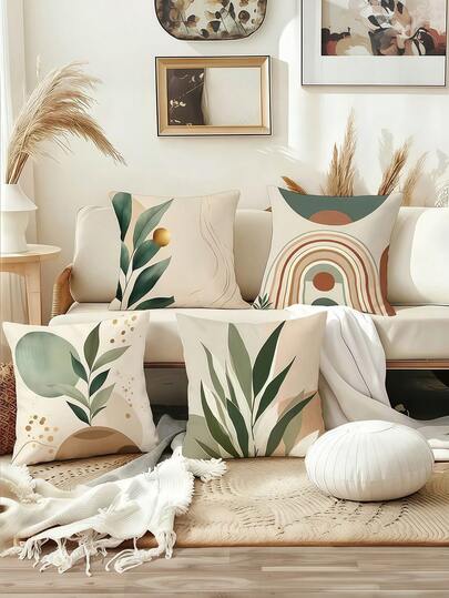 4 fundas de cojín con diseño geométrico de estilo de mediados de siglo | Diseño gráfico sencillo y de plantas en un suave verde, lujoso pero fresco, de poliéster, lavable a máquina