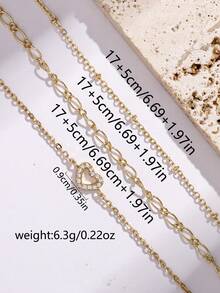 3pcs/Set Women Bracelet Set, Casual Elegant Gold-Tone Zirconia Heart Pendant & Beaded Chain Layered Bracelets, Suitable For Daily Wear (Bead Quantity Random) - Yellow Gold - View 6