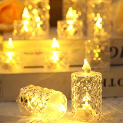 6支装大型亚克力水晶无焰图案蜡烛灯，电池供电LED电子蜡烛，玫瑰图案投影茶蜡，无焰蜡烛，适用于婚礼、情人节、节日、母亲节、约会、家居装饰、派对和家庭装饰，电池供电，桌面装饰