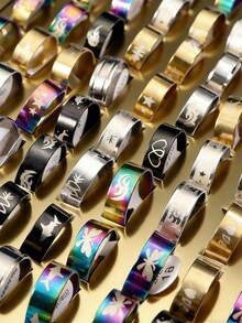 5/10/20/30/50/100/150/200 chiếc/gói Nhẫn thép không gỉ hình trái tim kẻ sọc cổ điển, unisex, trang sức phong cách tối giản nhiều màu sắc phối hợp, quà tặng trang sức. - Nhiều màu - Xem 4