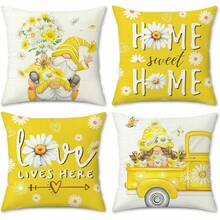 4 PIEZAS Funda de cojín con flores de margarita enana Flores de primavera y verano Camión de amor amarillo Funda de cojín decorativa para exteriores para sofá y sala de estar, de una sola cara, sin incluir el cojín - Amarillo - Ver 9