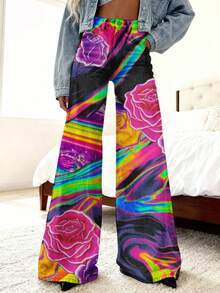 Women'S Jeans With Rainbow Roses And Cosmic Tie Dye Pattern |   Elastic, Long Length, Slim Fit, Button Fly Closure, Suitable For Fall/Winter - 黑色 - 查看 2