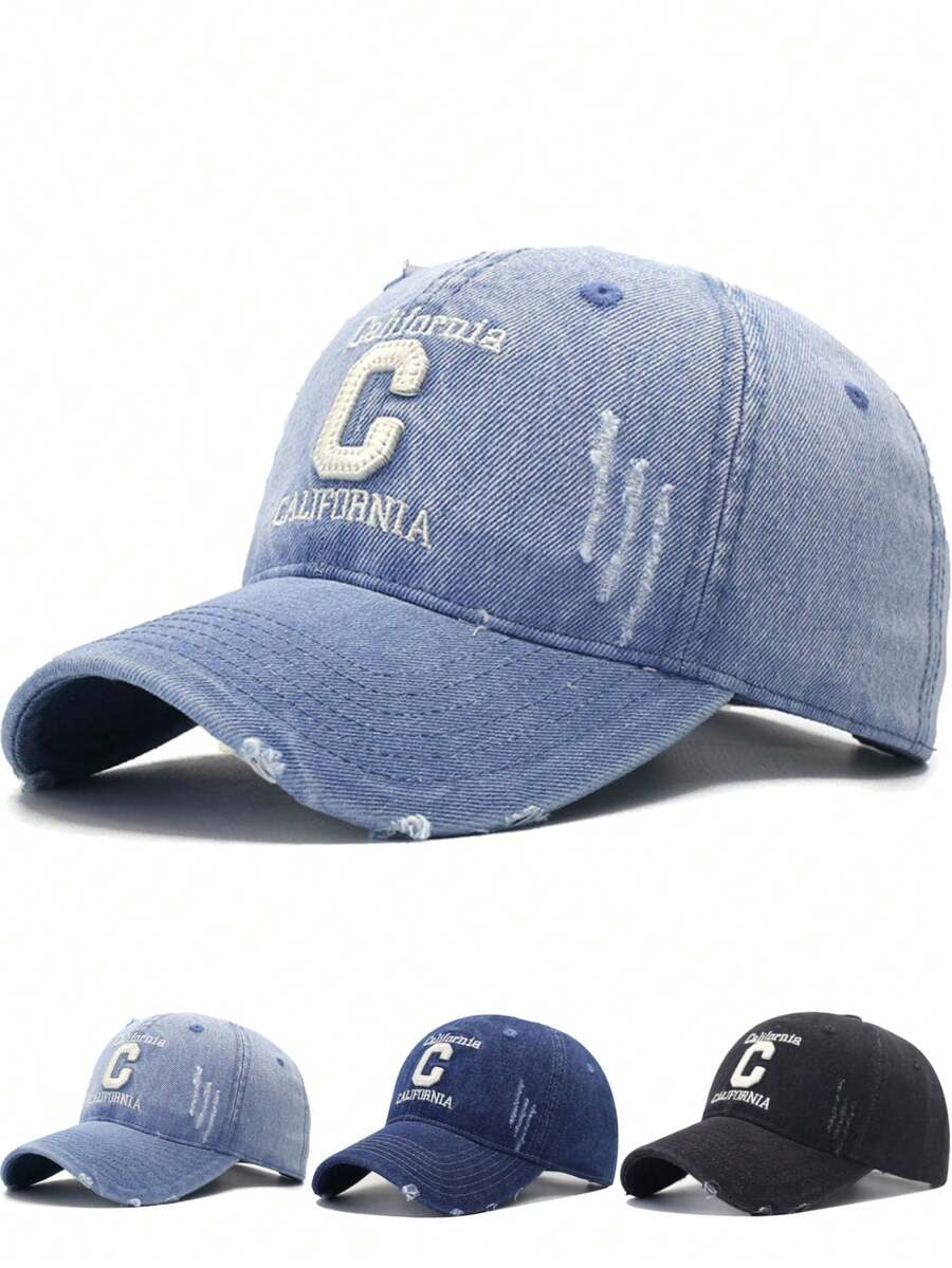 1顶做旧牛仔棒球帽，带有3D刺绣字母C和“California”字样，男女皆宜的情侣款，柔软帽冠，弧形帽檐 - 彩色 - 查看 1