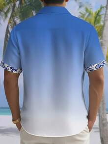 Hawaiian Floral Partial Print Button Pocket Short Sleeve Shirt For Men - Blue - View 2