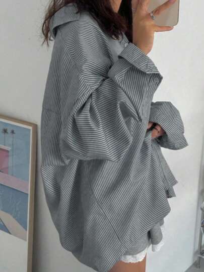 플러스 사이즈 여성 스트라이프 버튼업 셔츠, 긴 드롭 숄더 소매, 우븐 패브릭 봄