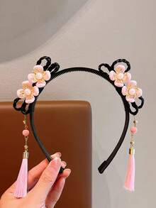 1件复古风发箍新年红色发箍假发辫花流苏发夹女孩发饰中国风头饰 - 彩色 - 查看 3