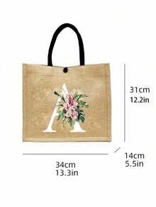 1个简约字母印花亚麻手提袋，情人节女友礼物，多功能便携亚麻手提袋，适合教师节、教师节、女士等场合，字母印花手提袋，化妆包，精美旅行沙滩包，可重复使用的购物袋，适合婚礼、生日、海滩、假日等场合。 - 彩色 - 查看 11