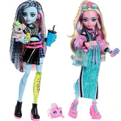 Mattel 1 pieza Muñeca Barbie Monster High, Frankie Stein con un suéter corto y una minifalda de cuero sintético negro, incluye la mascota perro Watzit y 7 accesorios, apto para niños de 3 años en adelante, puede ser un regalo para cumpleaños, Navidad y otras festividades