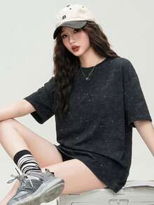 JUTU Spring/Summer Black Round Neck Loose Shiny Polka Dot Short Sleeve T-Shirt, Charming & Soft Commuting Top For Women Casual - 2A38 Black - View 3