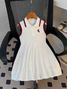 1pc Young Girl Summer Casual Chic Collared Sleeveless Dress, Suitable For Daily Wear, Outdoor, School, Commute, Vacation, Photo Shoot, Party, School Sports - White - View 1