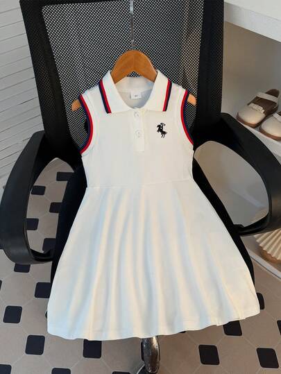 1pc Young Girl Summer Casual Chic Collared Sleeveless Dress, Suitable For Daily Wear, Outdoor, School, Commute, Vacation, Photo Shoot, Party, School Sports