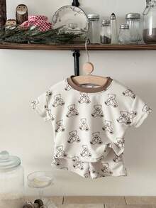 INS Cute Baby/Toddler Boys' Bear Print Waffle T-Shirt + Shorts Set, Summer - Apricot - View 2