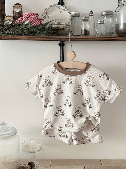 INS Cute Baby/Toddler Boys' Bear Print Waffle T-Shirt + Shorts Set, Summer