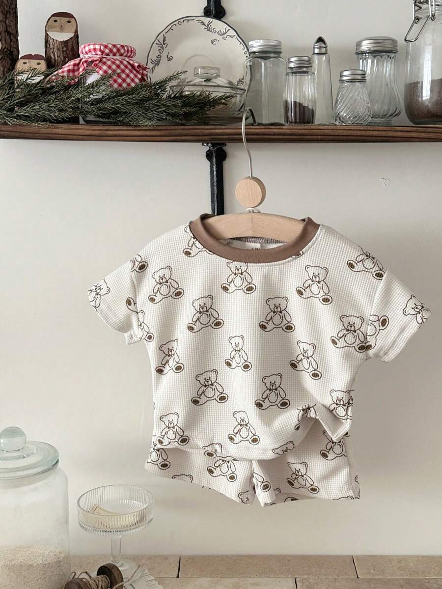 INS Cute Baby/Toddler Boys' Bear Print Waffle T-Shirt + Shorts Set, Summer