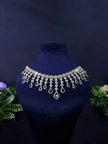 5pcs Luxury Royal Style Geometric Green Crystal Tassel Bridal Wedding Jewelry Set, Handset White Cubic Zirconia, Including Necklace, Bracelet, Earrings, Ring, Suitable For Daily Wedding Wear, Wedding Anniversary Gift (Comes In Golden Gift Box) - White - View 4