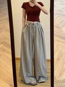 新款女士爱心印花植绒休闲裤，简约百搭修身直筒裤 - 駝色 - 查看 1