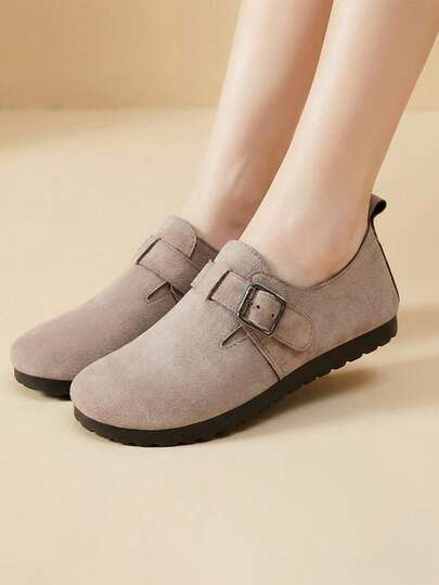 Zapatos planos para mujer,Zapatos para mujer cómodos estilo Boston con hebilla metálica ajustable y punta redonda, flats de dama casuales de gamuza sintética suave y minimalista, calzado con suela antideslizante ligera y resistente, zuecos cerrados transpirables ideales para caminar, zapatos elegantes de mujer versátiles de moda urbana para uso diario.
