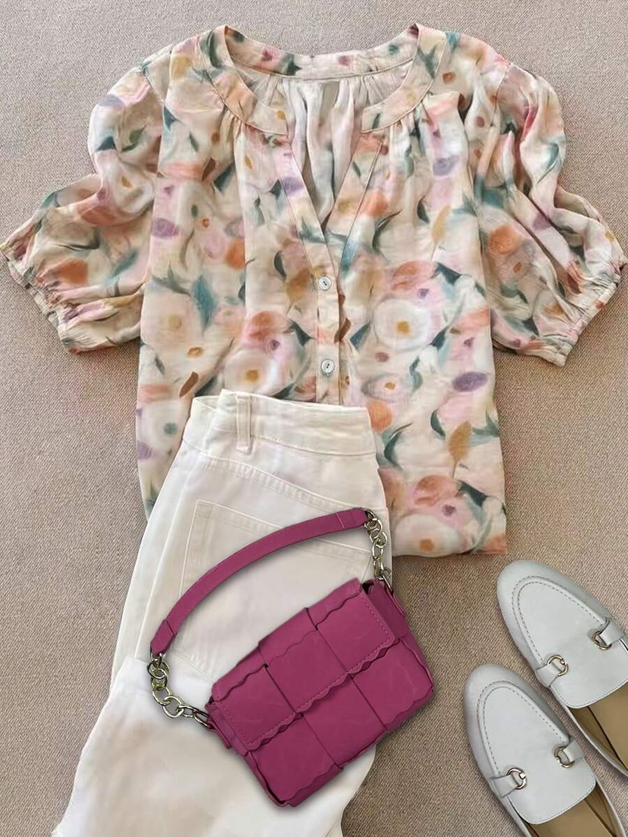 女士休闲度假V领印花褶皱纽扣喇叭袖衬衫，春夏款 - 彩色 - 查看 1